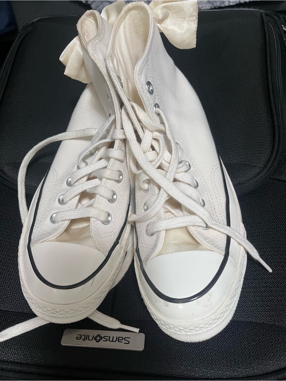 Converse High-Top Sneakers in Off-White with Black Trim WORN ONCE♥️